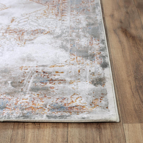 9' X 12' Ivory Blue Orange Red And Gray Medallion Area Rug