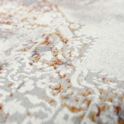 9' X 12' Ivory Blue Orange Red And Gray Medallion Area Rug