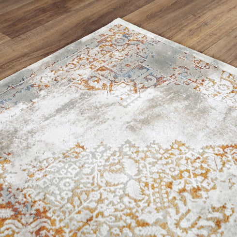 9' X 12' Ivory Blue Orange Red And Gray Medallion Area Rug