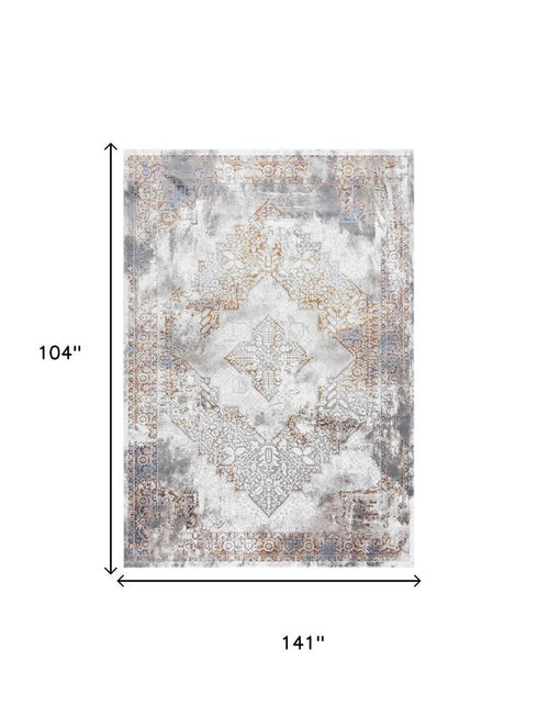 9' X 12' Ivory Blue Orange Red And Gray Medallion Area Rug