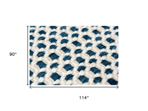 8' X 10' Blue And Ivory Wool Geometric Hand Woven Area Rug