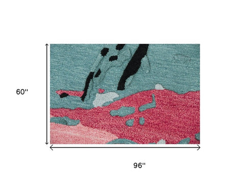 5' X 8' Teal And Blue Wool Abstract Hand Tufted Area Rug