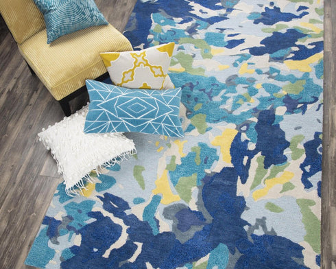 5' X 8' Yellow Green Blue And Light Blue Wool Abstract Hand Tufted Area Rug