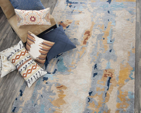 5' X 8' Yellow Gold Gray Light Blue And Blue Wool Abstract Hand Tufted Area Rug