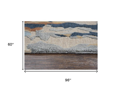 5' X 8' Yellow Gold Gray Light Blue And Blue Wool Abstract Hand Tufted Area Rug