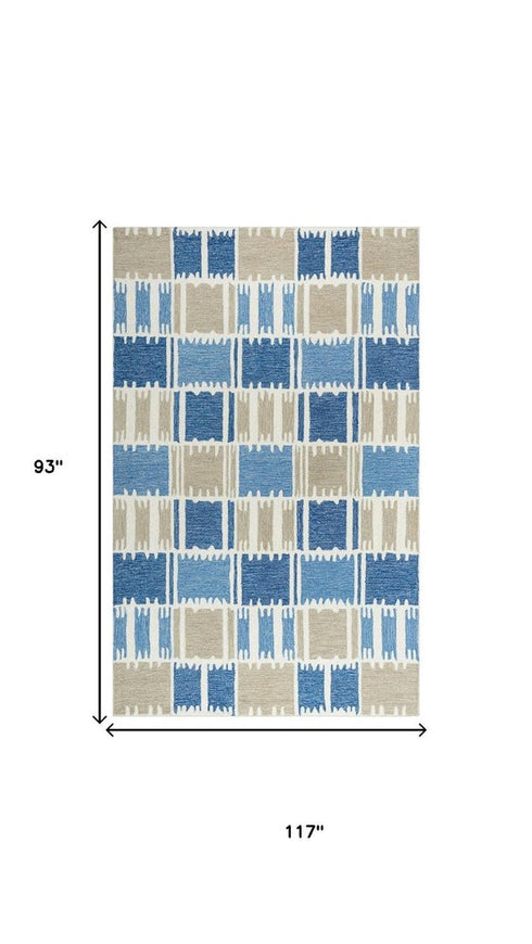 8' X 10' Blue Ivory And Beige Wool Geometric Hand Tufted Area Rug