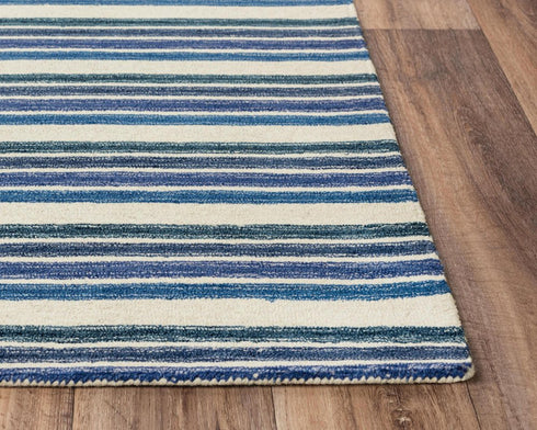 8' X 10' Blue And Ivory Wool Striped Hand Tufted Area Rug