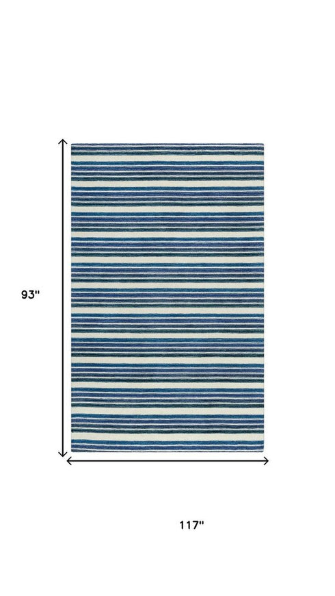 8' X 10' Blue And Ivory Wool Striped Hand Tufted Area Rug