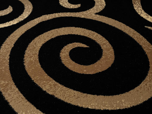 Black, Beige, and Gold Circle Swirls Abstract Area Rug