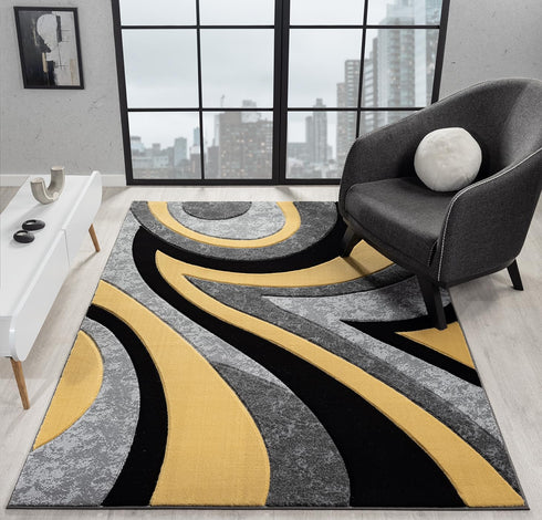 Black and Grey with Red or Yellow Abstract 3D Area Rug