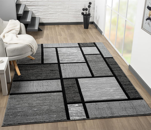 Black, Grey, and Multicolor 3D Carved Modern Area Rug