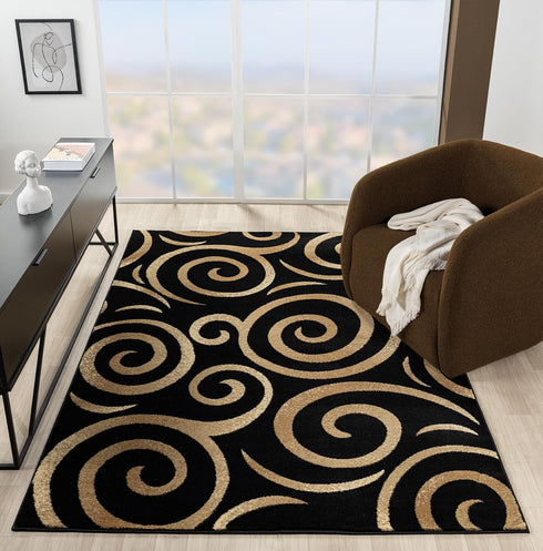 Black, Beige, and Gold Circle Swirls Abstract Area Rug