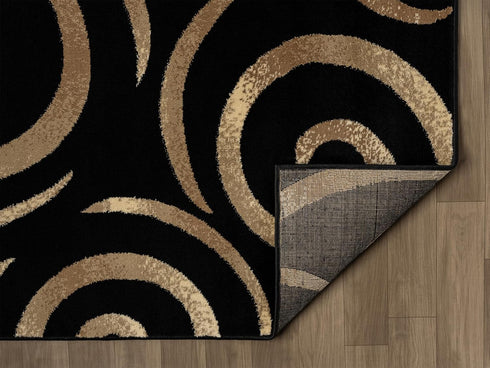 Black, Beige, and Gold Circle Swirls Abstract Area Rug
