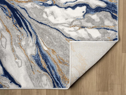White and Gold with Blue or Black Modern Abstract Flow Area Rug