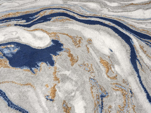 White and Gold with Blue or Black Modern Abstract Flow Area Rug