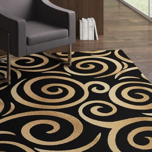 Black, Beige, and Gold Circle Swirls Abstract Area Rug