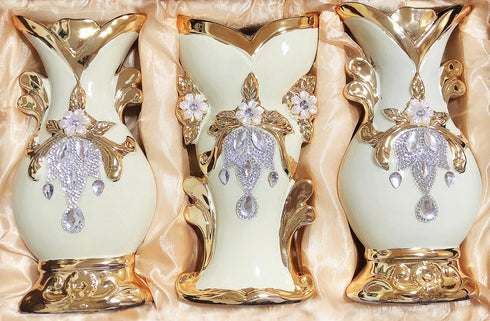 Adore the Decor™ Deep Gold and Beige 3 Piece Ceramic Vase Set - 9"