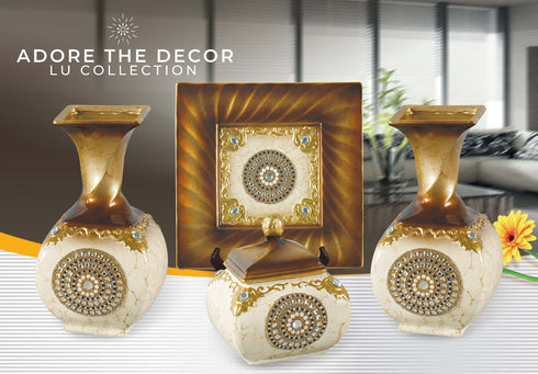 Adore the Decor™ Gold and Brown Sparkled Four Piece Ceramic Vase Accessory Set - 13"