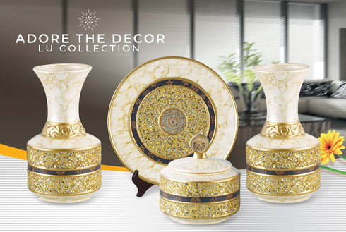 Adore the Decor™ Gold and Beige Sparkled Four Piece Ceramic Vase Accessory Set - 13"