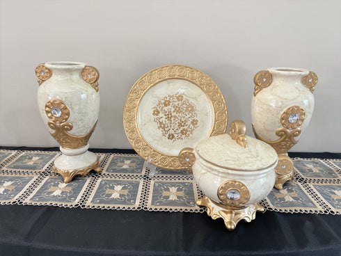 Adore the Decor™ Beige and Gold Diamond Four Piece Ceramic Vase Accessory Set - 13"
