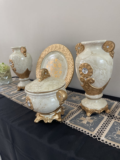 Adore the Decor™ Beige and Gold Diamond Four Piece Ceramic Vase Accessory Set - 13"