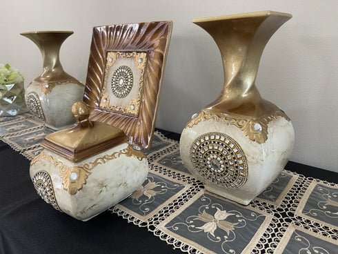 Adore the Decor™ Gold and Brown Sparkled Four Piece Ceramic Vase Accessory Set - 13"