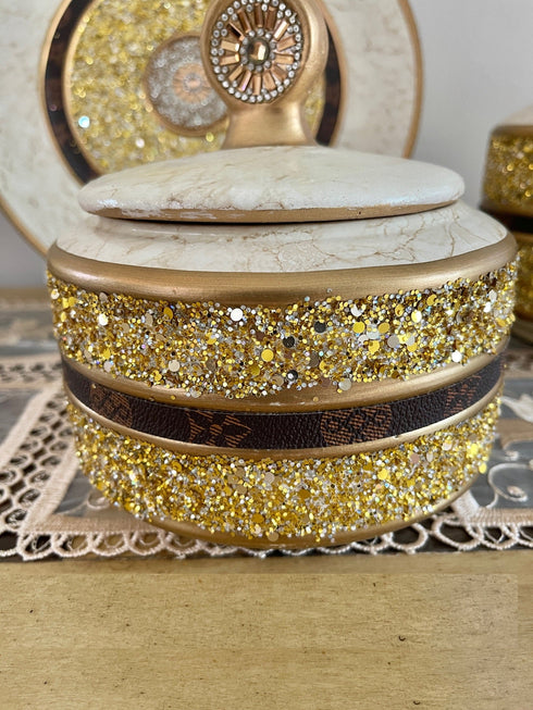 Adore the Decor™ Gold and Beige Sparkled Four Piece Ceramic Vase Accessory Set - 13"