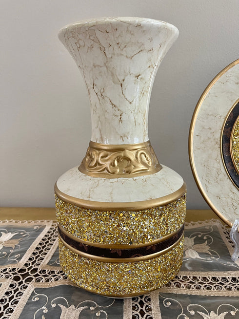 Adore the Decor™ Gold and Beige Sparkled Four Piece Ceramic Vase Accessory Set - 13"