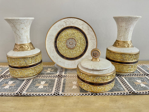 Adore the Decor™ Gold and Beige Sparkled Four Piece Ceramic Vase Accessory Set - 13"
