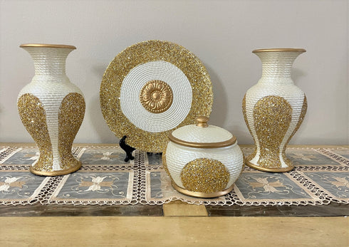Adore the Decor™ Beige and Gold Sparkled Four Piece Ceramic Vase Accessory Set - 10"
