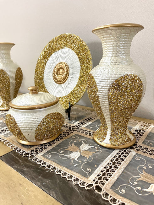 Adore the Decor™ Beige and Gold Sparkled Four Piece Ceramic Vase Accessory Set - 10"